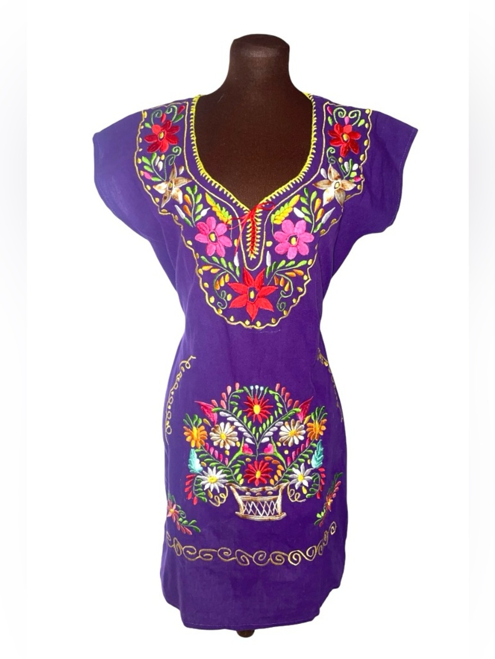 Mexican Boho Style Purple Multicolor Embroidered Floral Peasant Dress